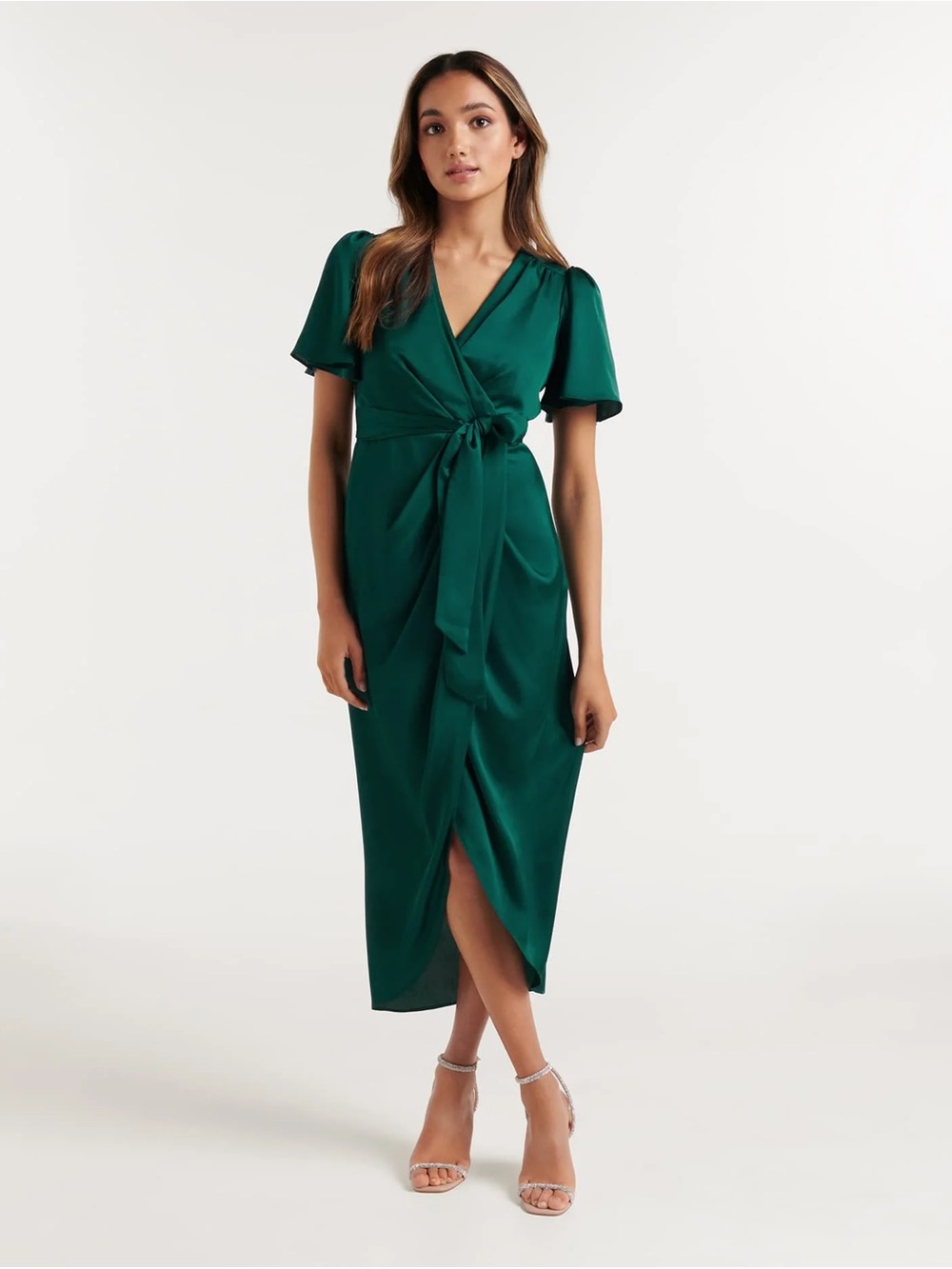 Ever New - Carolina Flutter Sleeve Satin Wrap Midi Dress - Emerald Green - 2(XS)